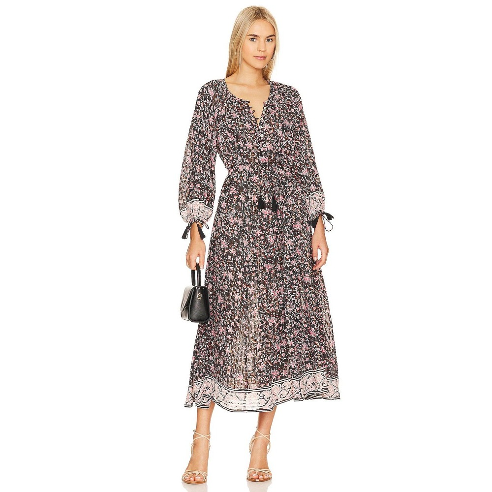 Cleobella Fan Print Diera Kaftan Midi Dress Organic Cotton Metallic Size Medium